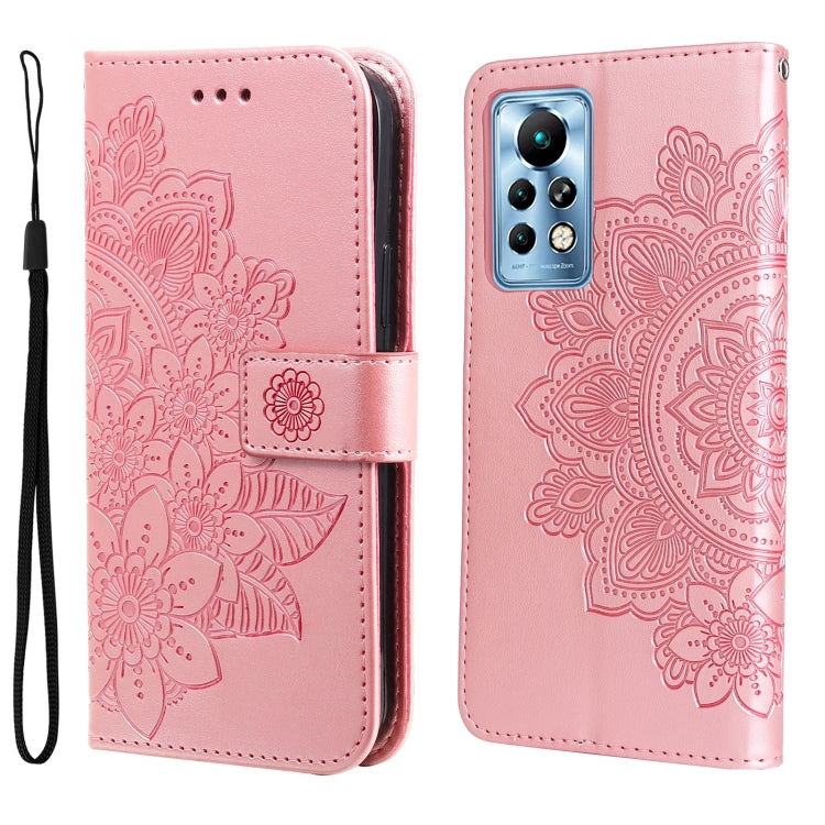 Rose pink folio phone case with embossed floral mandala pattern, magnetic strap, wrist lanyard.