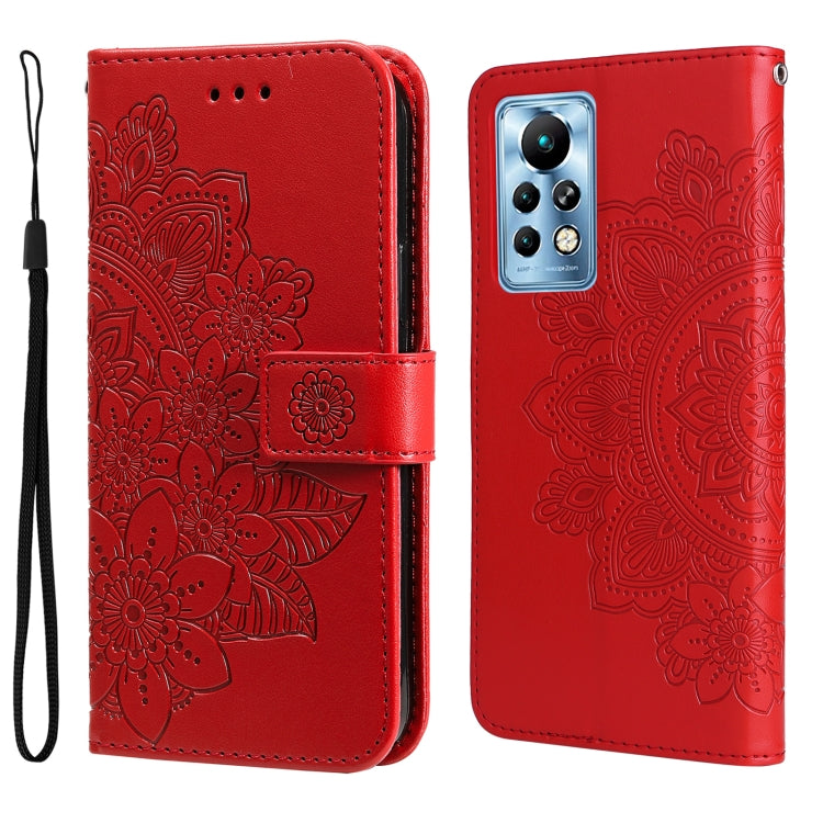 Red folio phone case with embossed floral mandala pattern, magnetic strap, wrist lanyard.