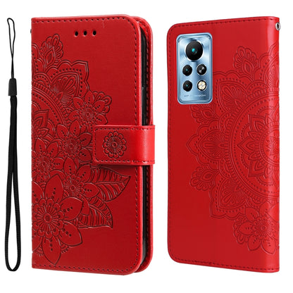 Red folio phone case with embossed floral mandala pattern, magnetic strap, wrist lanyard.