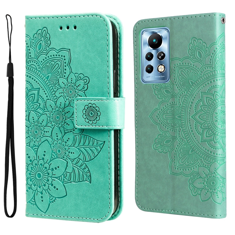 Mint green folio phone case with embossed floral mandala pattern, magnetic strap, wrist lanyard.