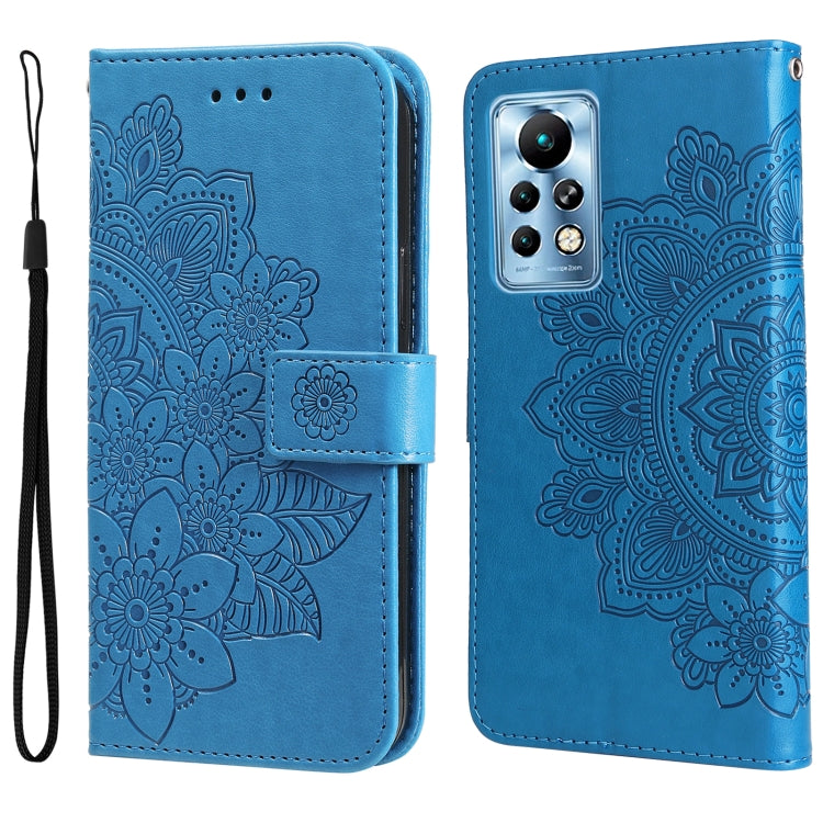 Blue folio phone case with embossed floral mandala pattern, magnetic strap, wrist lanyard.