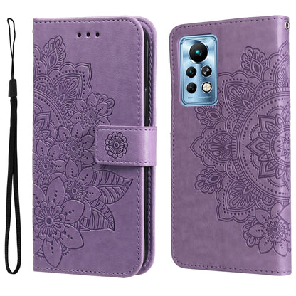 Purple embossed floral phone wallet case with strap and magnetic flap.