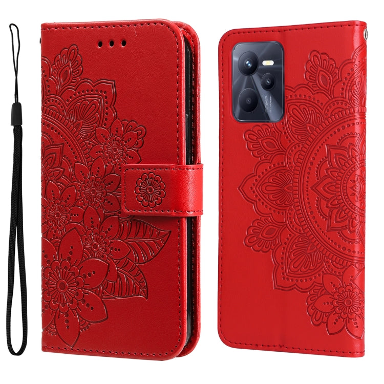 Red embossed floral phone wallet case with strap and magnetic flap.