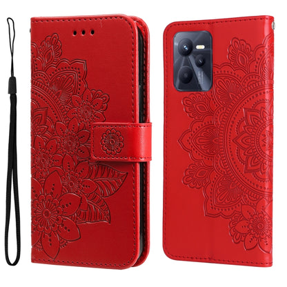 Red embossed floral phone wallet case with strap and magnetic flap.