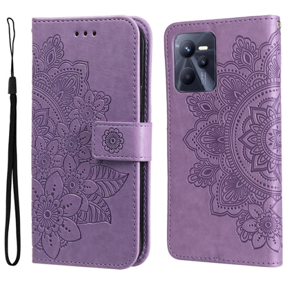 Purple embossed floral phone wallet case with camera cutout and strap.