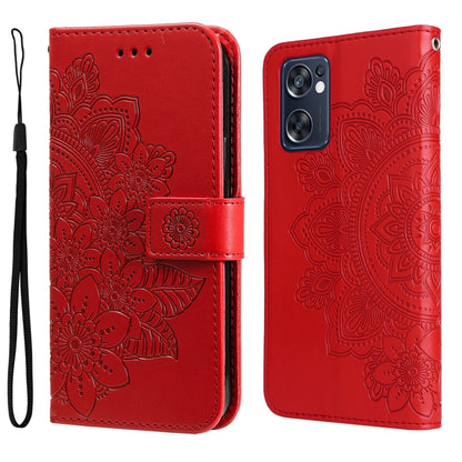 Red embossed floral phone wallet case with camera cutout and strap.