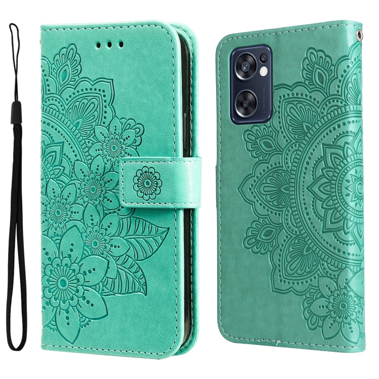 Mint teal embossed floral phone wallet case with camera cutout and strap.