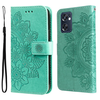 Mint teal embossed floral phone wallet case with camera cutout and strap.