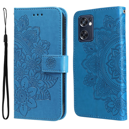 Blue embossed floral phone wallet case with camera cutout and strap.