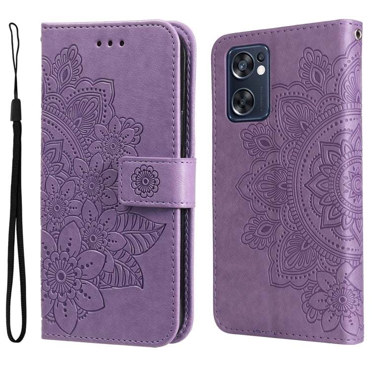 Purple folio leather phone case with embossed floral mandala pattern, flip cover and strap.