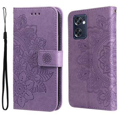 Purple folio leather phone case with embossed floral mandala pattern, flip cover and strap.