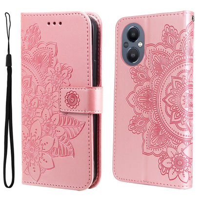 Pink folio leather phone case with embossed floral mandala pattern, flip cover and strap.