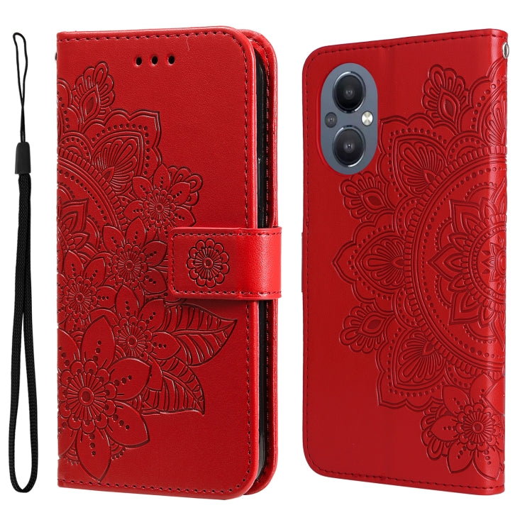 Red folio leather phone case with embossed floral mandala pattern, flip cover and strap.