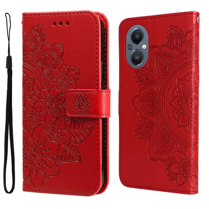Red folio leather phone case with embossed floral mandala pattern, flip cover and strap.