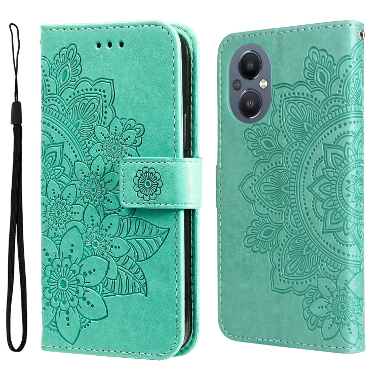 Green folio leather phone case with embossed floral mandala pattern, flip cover and strap.