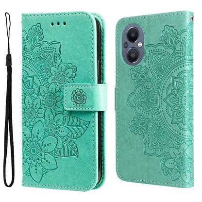 Green folio leather phone case with embossed floral mandala pattern, flip cover and strap.