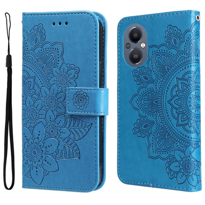 Blue folio leather phone case with embossed floral mandala pattern, flip cover and strap.