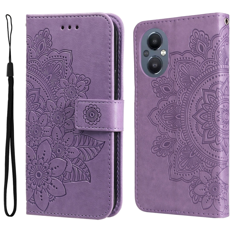 Purple folio leather phone case with floral mandala embossing, camera cutout, wrist strap.