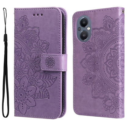 Purple folio leather phone case with floral mandala embossing, camera cutout, wrist strap.