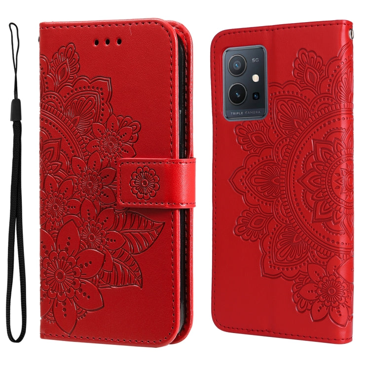 Red folio leather phone case with floral mandala embossing, camera cutout, wrist strap.