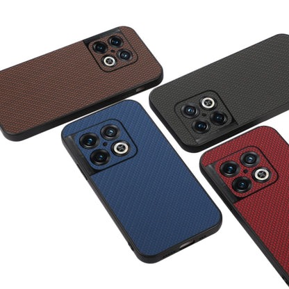 Set of carbon fiber texture PU phone cases in brown, blue, and red with camera cutouts