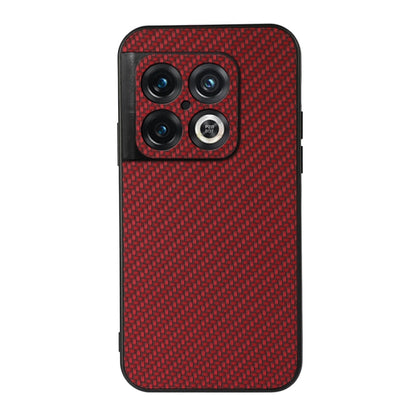 Red carbon fiber texture PU phone case with raised camera cutouts and lens rings