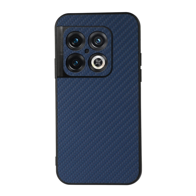 Blue carbon fiber texture PU phone case with raised camera cutouts and lens rings