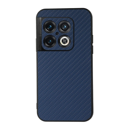 Blue carbon fiber texture PU phone case with raised camera cutouts and lens rings