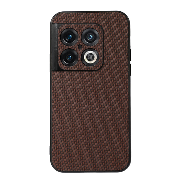 Brown carbon fiber texture PU phone case with raised camera cutouts and lens rings