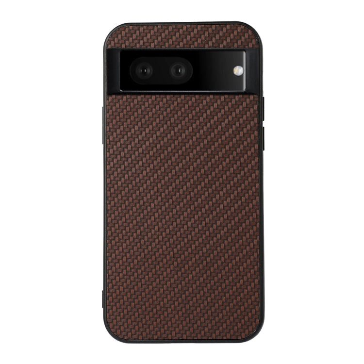 Brown carbon-fiber texture PU phone case with camera cutout and raised edge, black trim