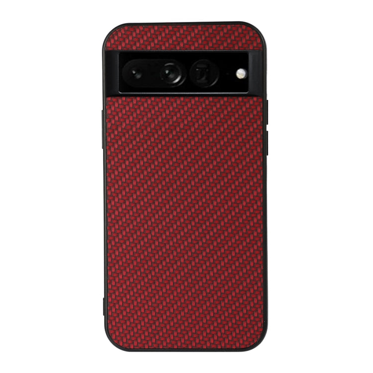 Red carbon-fiber texture PU phone case with camera bar cutout and protective rim