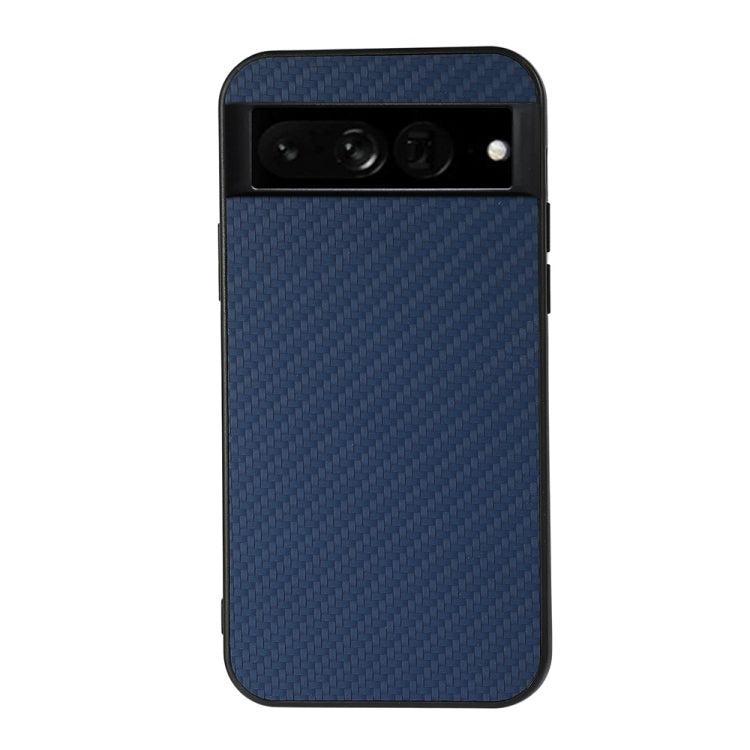 Blue carbon-fiber texture PU phone case with camera bar cutout and protective rim