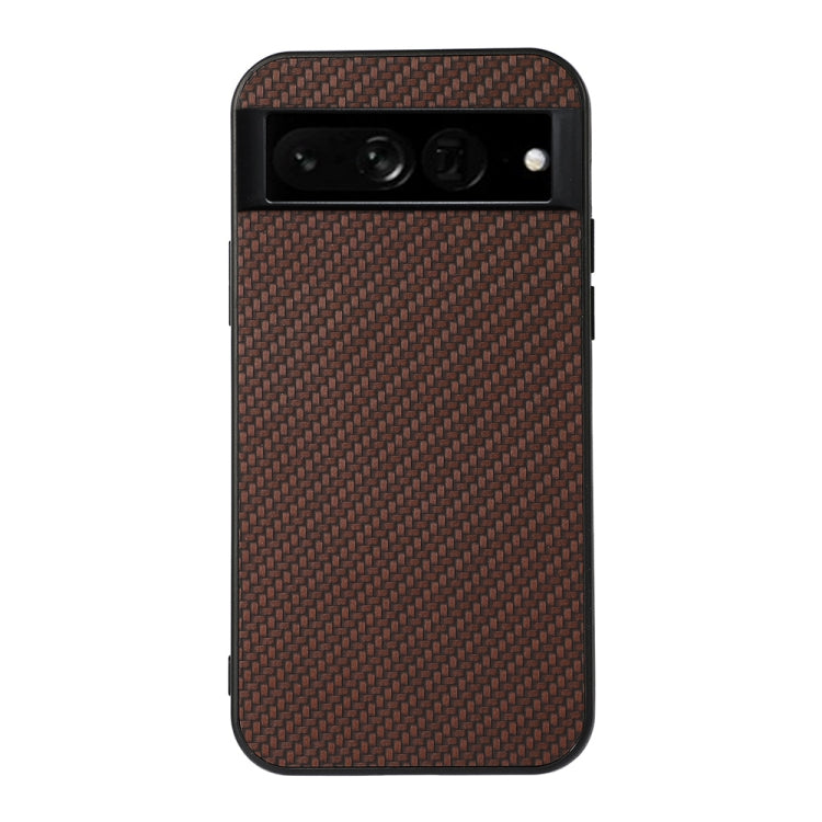 Brown carbon-fiber texture PU phone case with top camera opening and side buttons