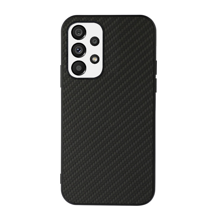 Black carbon-fiber texture PU phone case with triple camera cutouts and side buttons