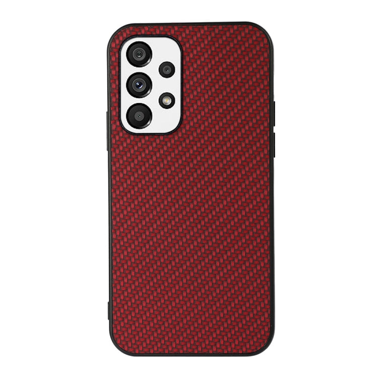 Red carbon-fiber texture PU phone case with triple camera cutouts and side buttons