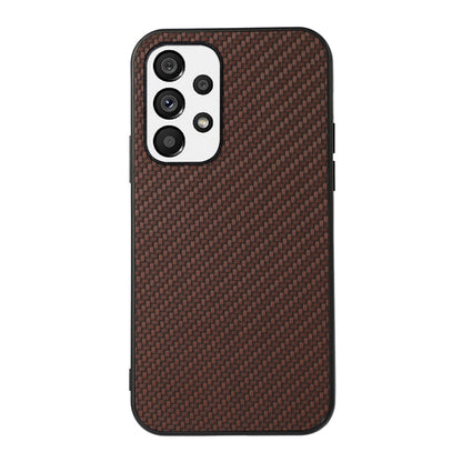 Brown carbon-fiber texture PU phone case with triple camera cutouts and side buttons
