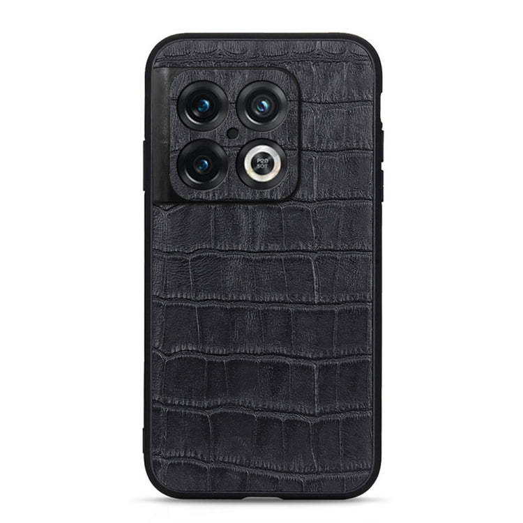 Black crocodile-texture genuine leather phone case with cutouts for triple cameras and flash.