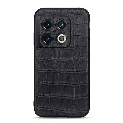 Black crocodile-texture genuine leather phone case with cutouts for triple cameras and flash.