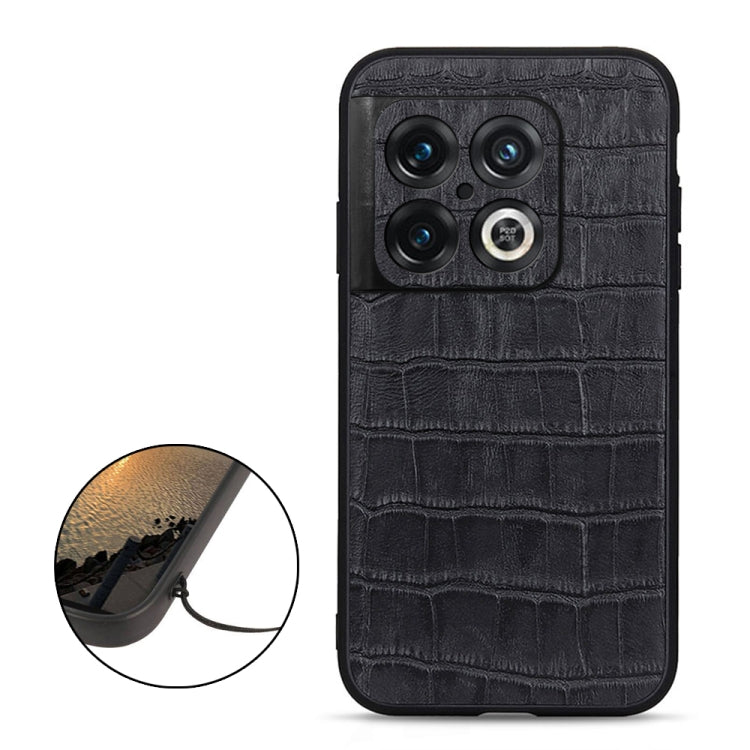Black crocodile-texture leather phone case with triple camera cutout; inset shows camera protection.