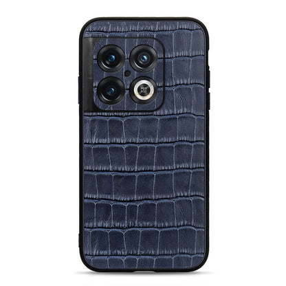 Blue crocodile-texture genuine leather phone case with cutouts for triple cameras and flash.