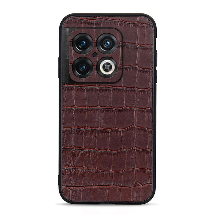 Brown crocodile-texture genuine leather phone case with triple camera cutout and circular flash.