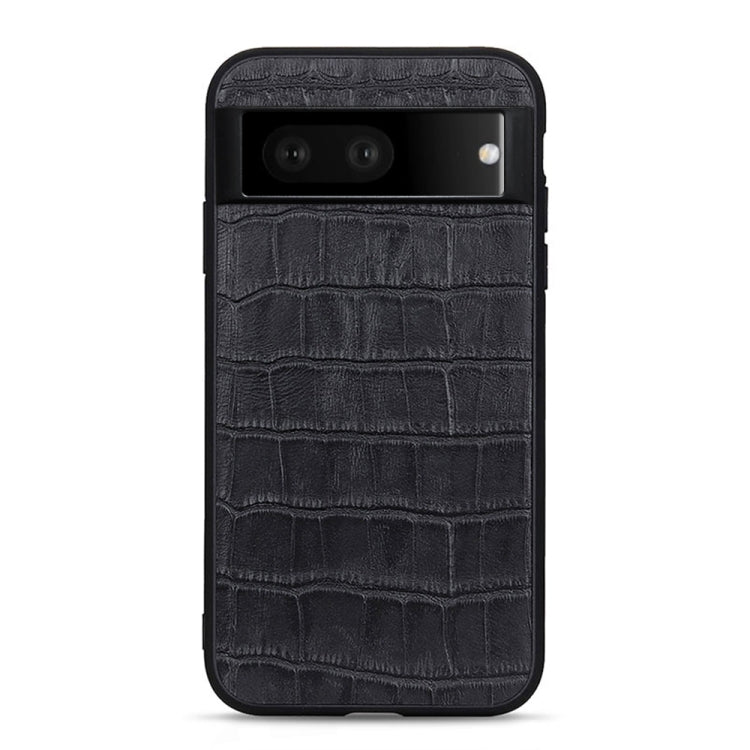Black crocodile-texture genuine leather phone case with horizontal camera opening and side button cutouts.