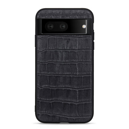 Black crocodile-texture genuine leather phone case with horizontal camera opening and side button cutouts.