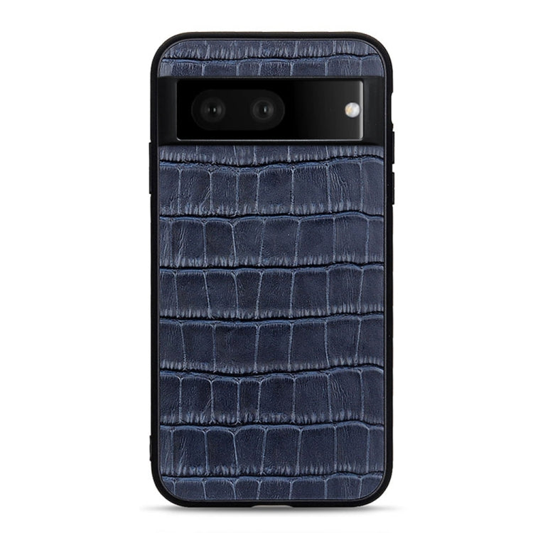 Blue crocodile-texture genuine leather phone case with horizontal camera opening and flash spot.