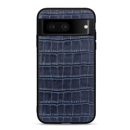 Blue crocodile-texture genuine leather phone case with horizontal camera opening and flash spot.