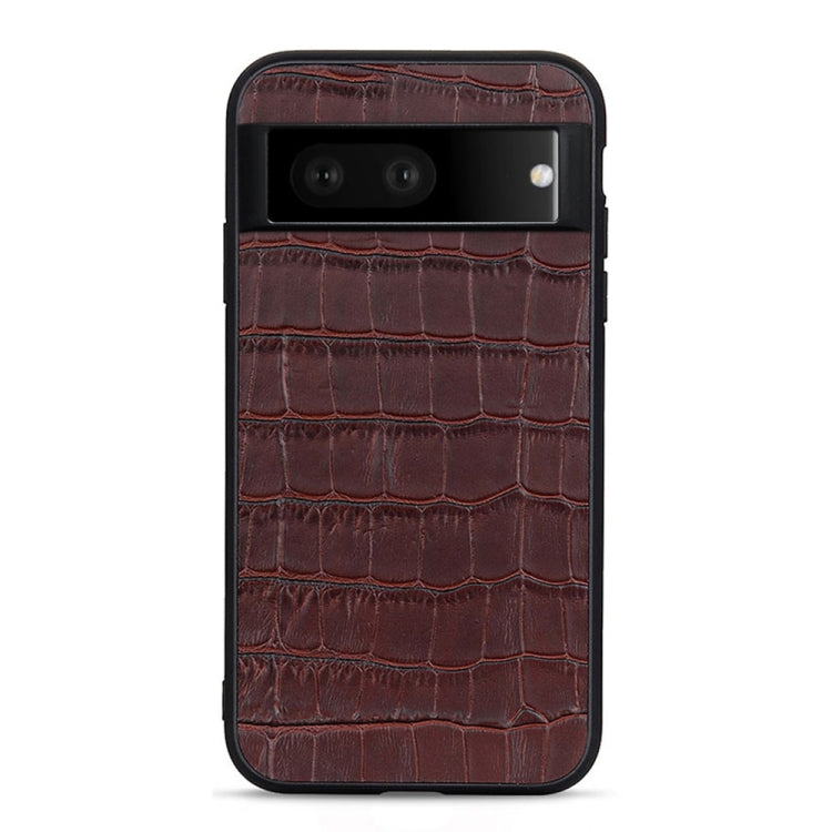 Brown crocodile-texture genuine leather phone case with horizontal camera opening and flash spot.