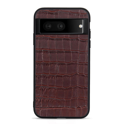 Brown crocodile-texture genuine leather phone case with horizontal camera opening and flash spot.