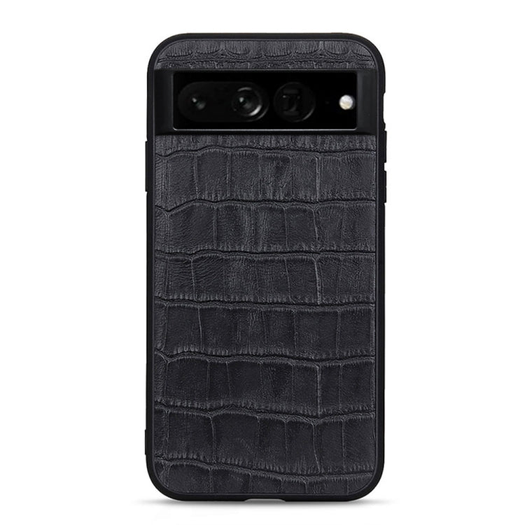 Black crocodile-texture genuine leather phone case with horizontal camera opening and flash cutout.