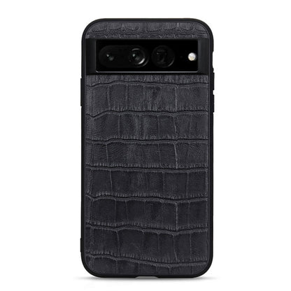 Black crocodile-texture genuine leather phone case with horizontal camera opening and flash cutout.