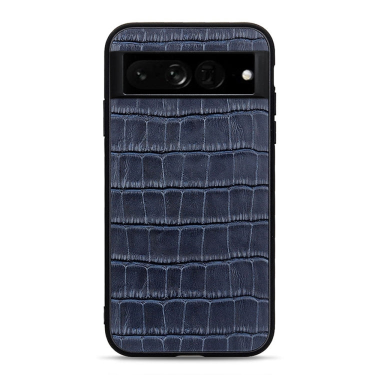 Genuine leather phone case with crocodile texture, blue finish, camera cutouts
